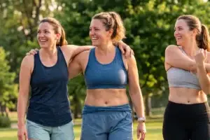 A group of people, a three women, laugh and chat confidently in a sunny Clifton Park, displaying toned, sculpted bodies in summer workout attire.
