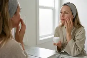 A woman in a robe applies cream to her face while looking in a bathroom mirror.