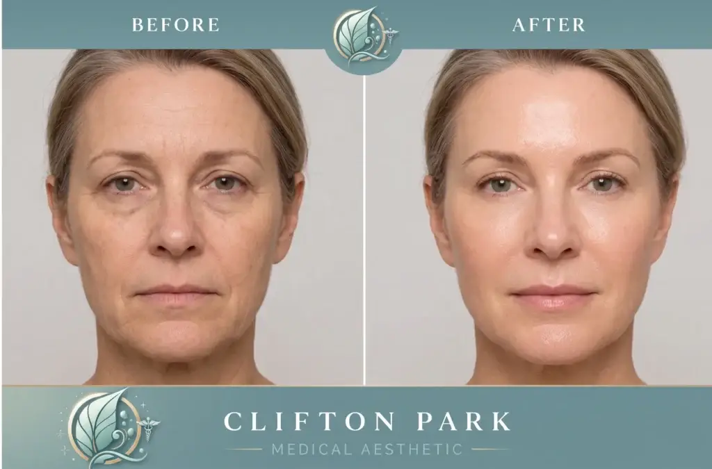 A side-by-side 'Before' and 'After' template for 'Clifton Park Medical Aesthetic' featuring a Caucasian woman in her mid-to-late 40s with blonde hair pulled back. On the left ('BEFORE'), her skin shows subtle signs of tiredness, light under-eye shadows, and mild fine lines. On the right ('AFTER'), her skin appears visibly hydrated, smooth, radiant, and refreshed following IV therapy. The layout maintains soft teal framing with branding logos at the top and bottom.