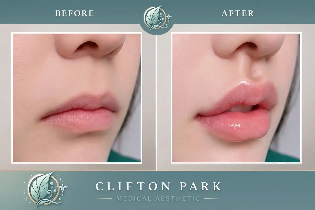 Before and after lip filler treatment results at Clifton Park Medical Aesthetics showing enhanced lip volume and definition.