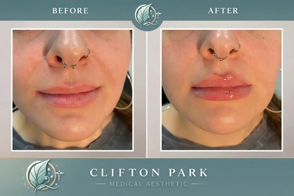 Before and after lip filler treatment results at Clifton Park Medical Aesthetics showing enhanced lip volume and definition.