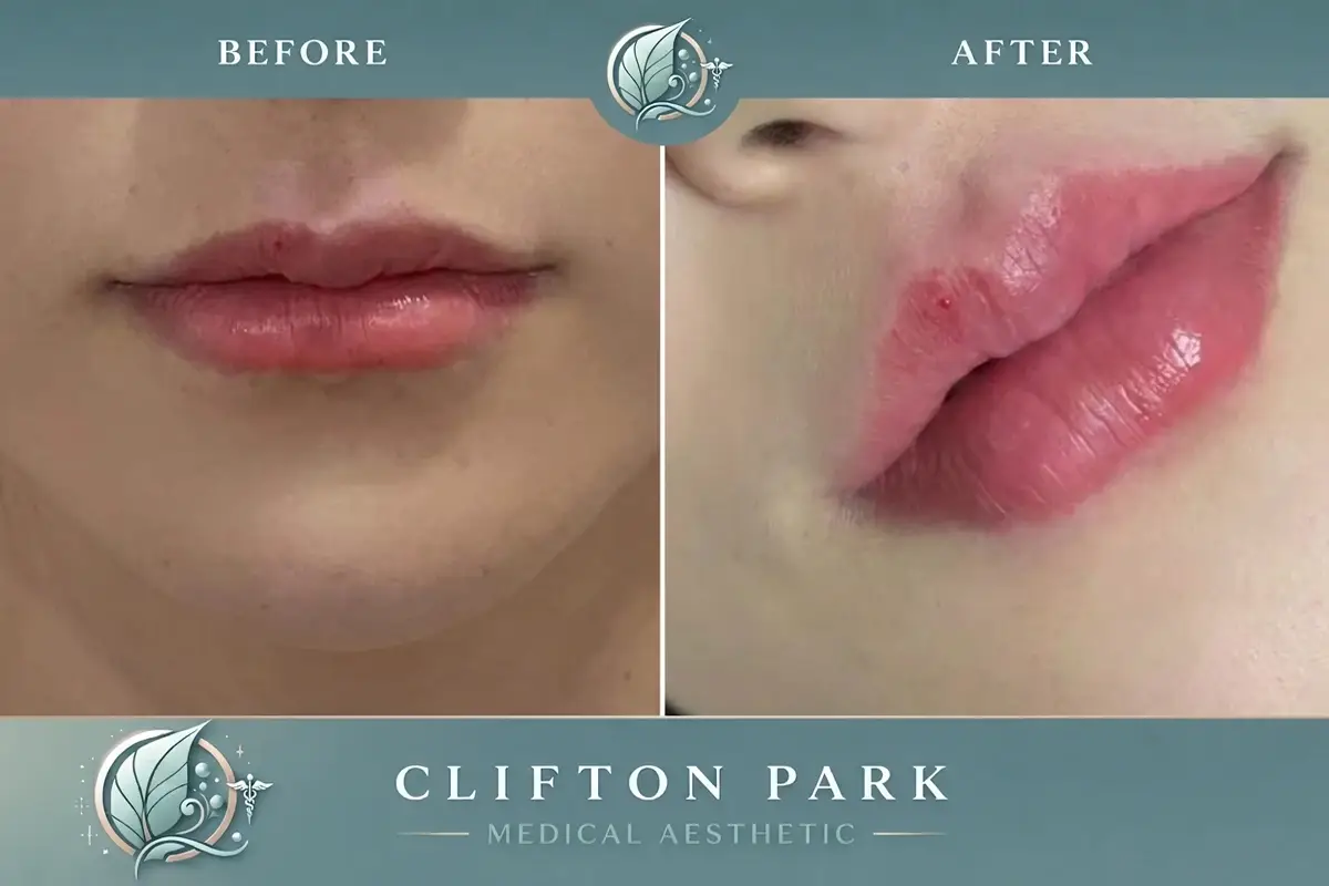 Before and after lip filler treatment results at Clifton Park Medical Aesthetics showing enhanced lip volume and definition.