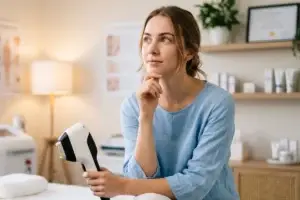 A thoughtful Caucasian woman sitting in a bright medical clinic holding a laser hair removal handset, resting her hand on her chin as if contemplating myths versus facts.