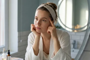 A thoughtful Caucasian woman in a white bathrobe and headband sitting at a bathroom vanity, leaning on her hands while inspecting her face in the mirror alongside skincare products and a water bottle.